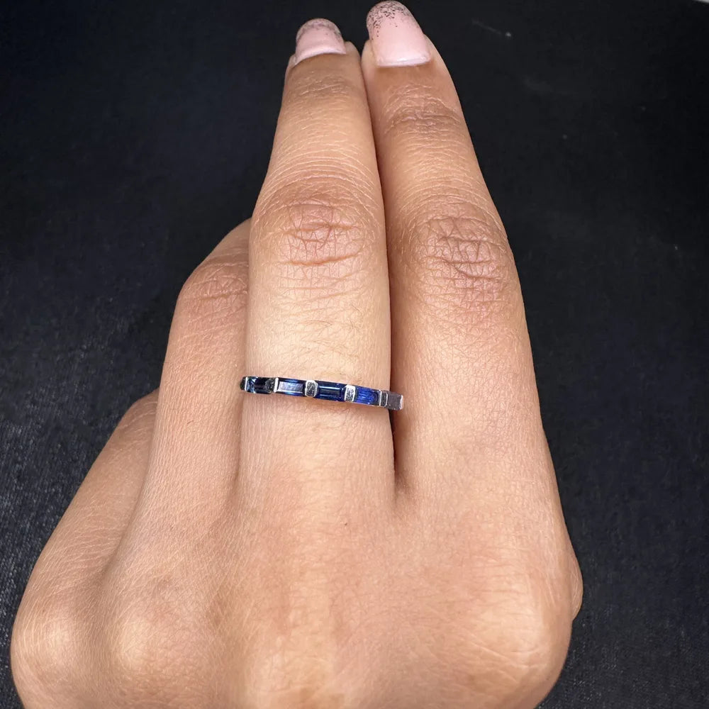 Handmade Natural Blue Sapphire 18K Solid White Gold Half Eternity Band Ring