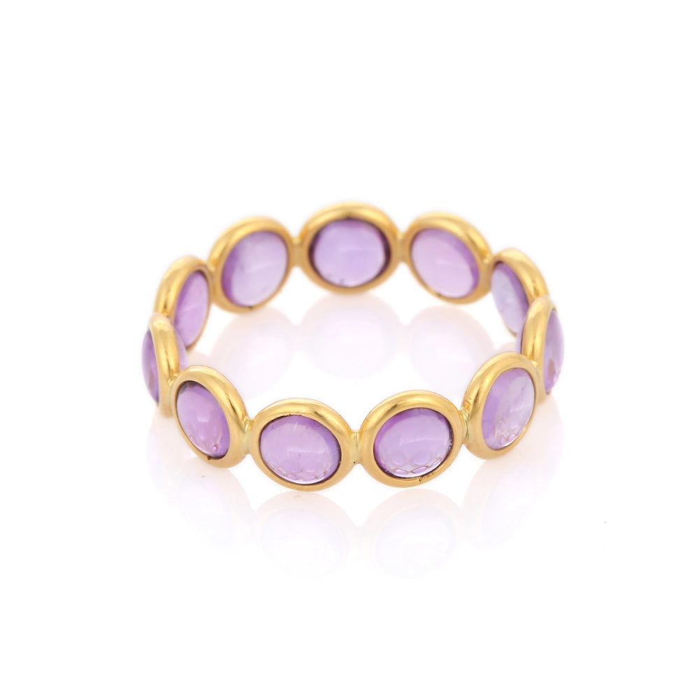 Fine Jewelry Solid K18 Yellow Gold Round Cut Amethyst Full Eternity Band Ring