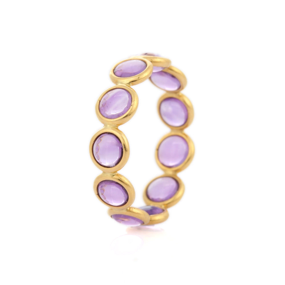 Fine Jewelry Solid K18 Yellow Gold Round Cut Amethyst Full Eternity Band Ring