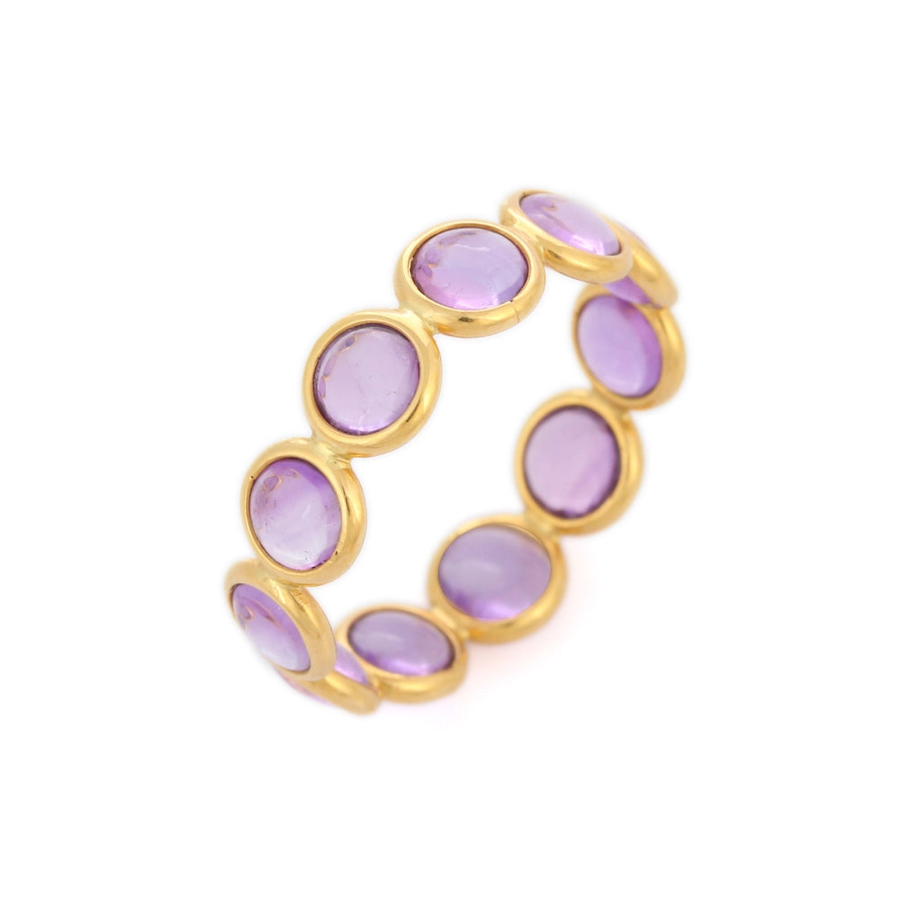 Fine Jewelry Solid K18 Yellow Gold Round Cut Amethyst Full Eternity Band Ring