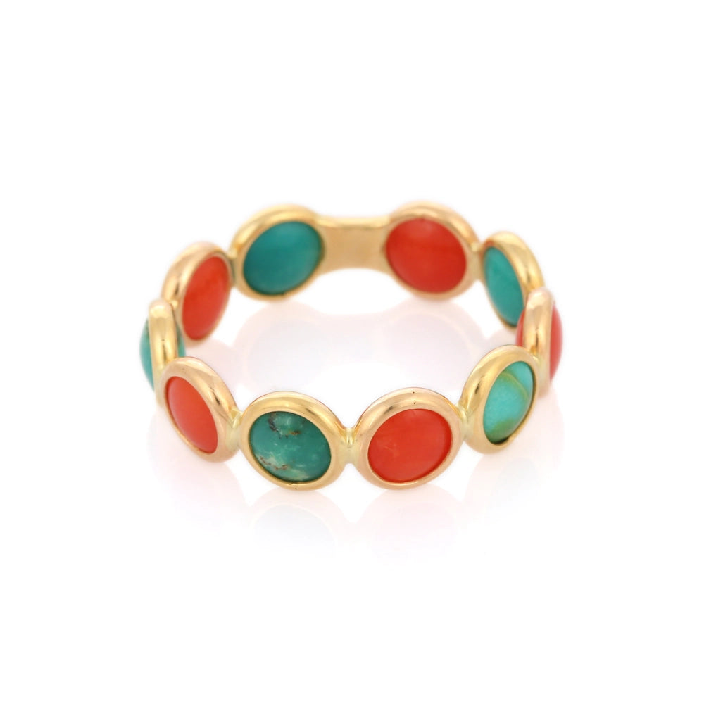 Handcrafted 18K Solid Yellow Gold Coral & Turquoise Full Eternity Band Ring