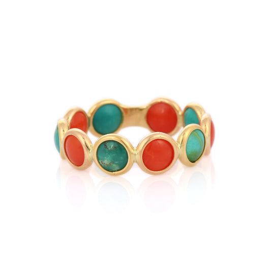 Handcrafted 18K Solid Yellow Gold Coral & Turquoise Full Eternity Band Ring