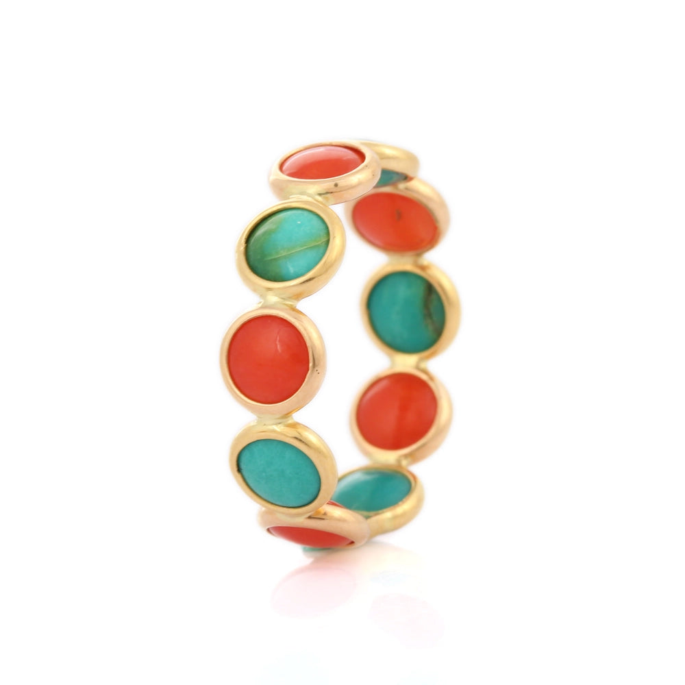 Handcrafted 18K Solid Yellow Gold Coral & Turquoise Full Eternity Band Ring