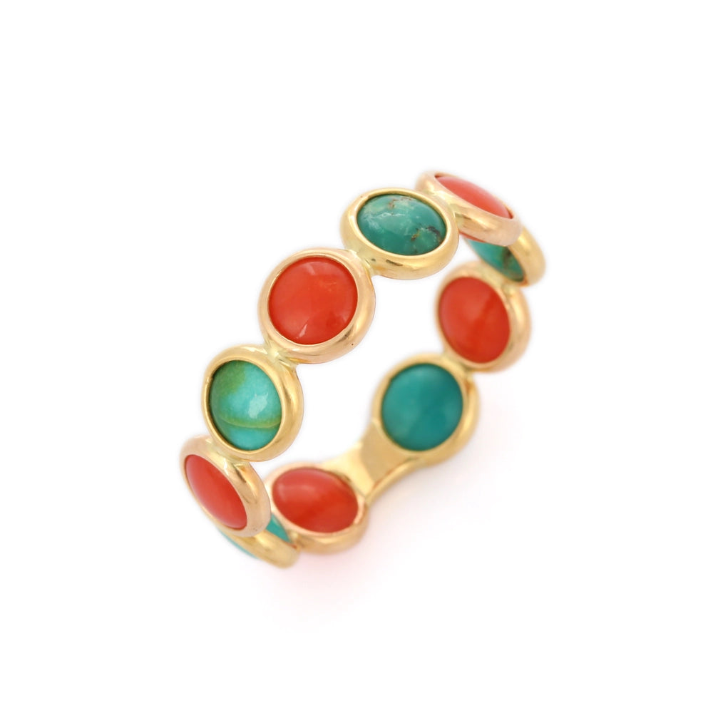 Handcrafted 18K Solid Yellow Gold Coral & Turquoise Full Eternity Band Ring