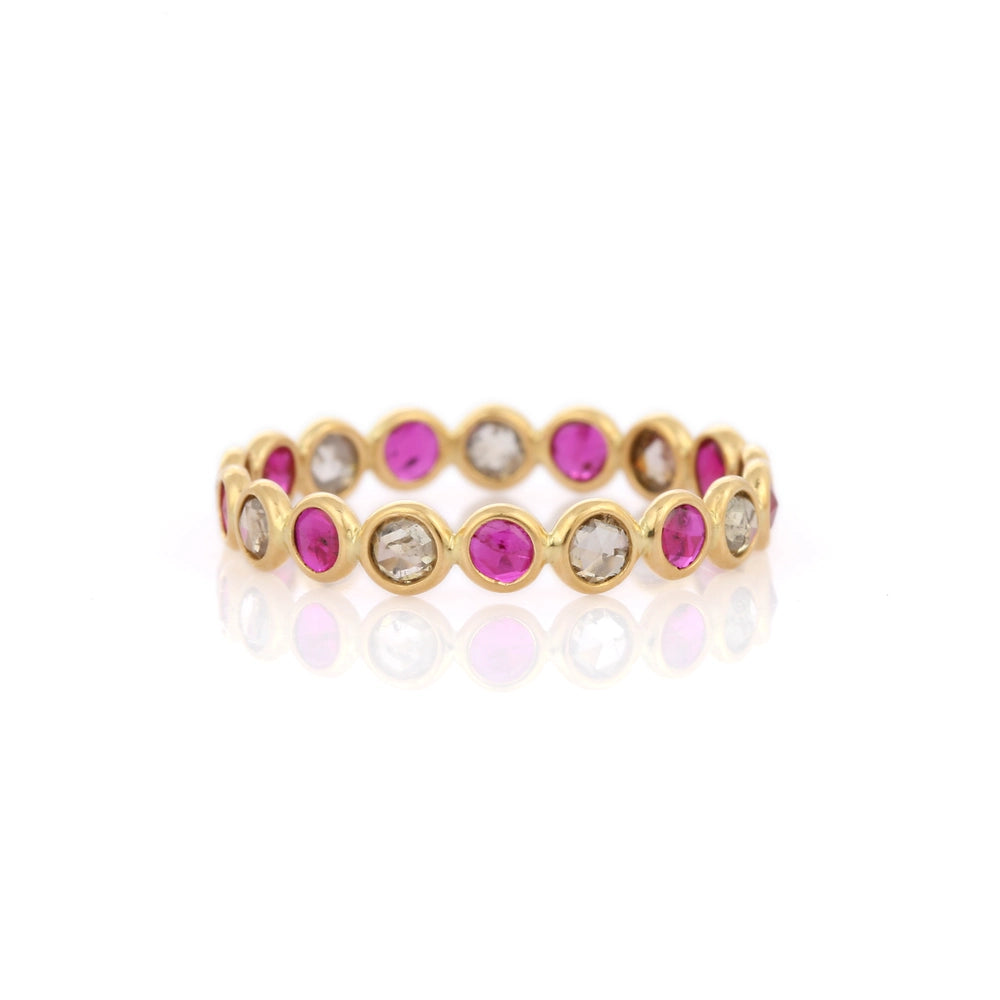 Beautifully Handmade Ruby And Diamond 18K Yellow Gold Eternity Band Ring