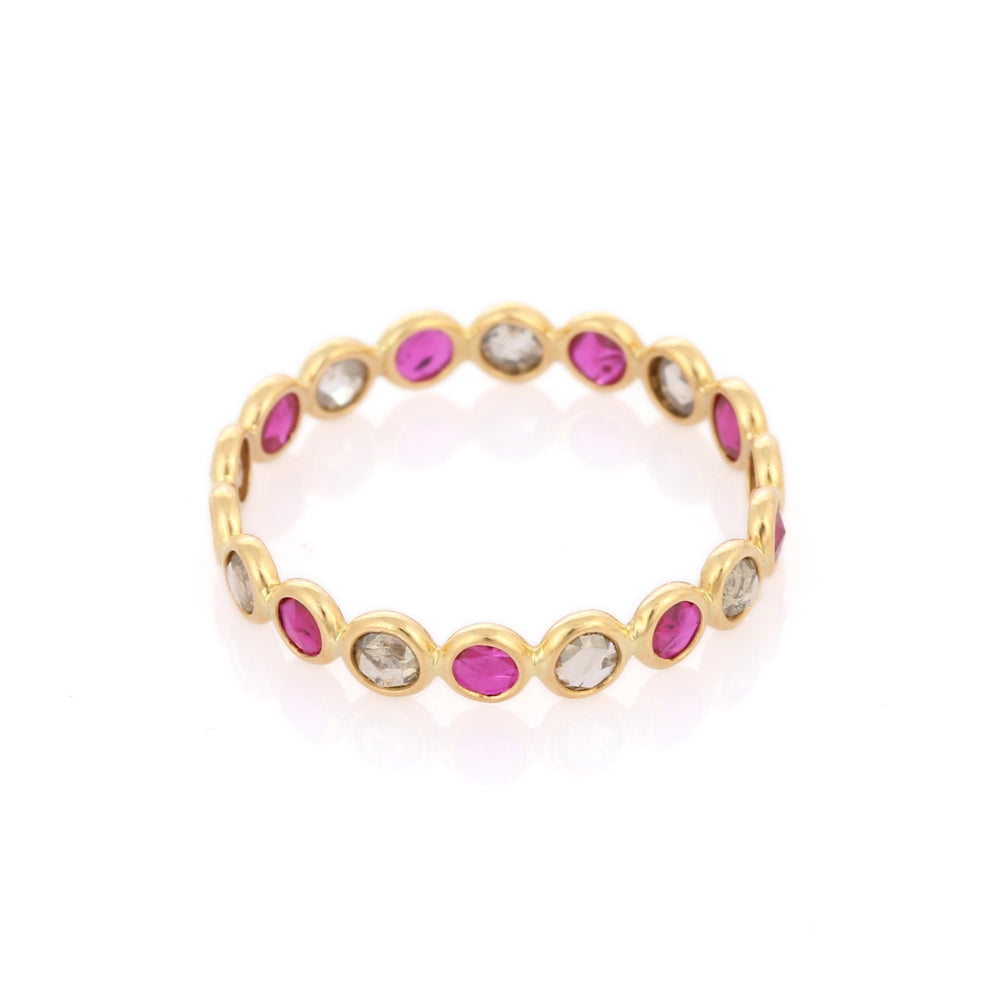 Beautifully Handmade Ruby And Diamond 18K Yellow Gold Eternity Band Ring