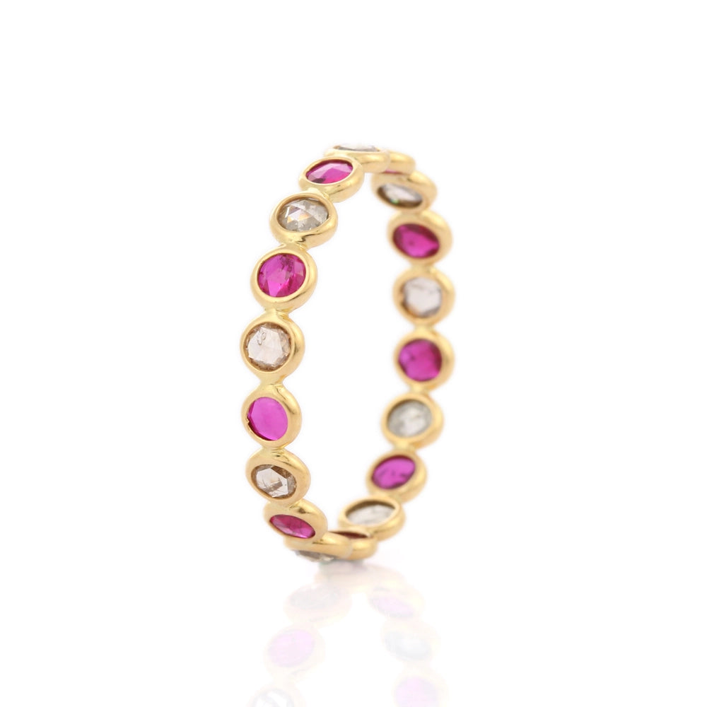 Beautifully Handmade Ruby And Diamond 18K Yellow Gold Eternity Band Ring