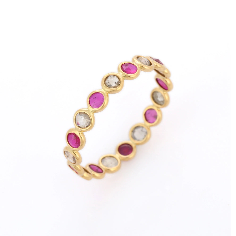 Beautifully Handmade Ruby And Diamond 18K Yellow Gold Eternity Band Ring