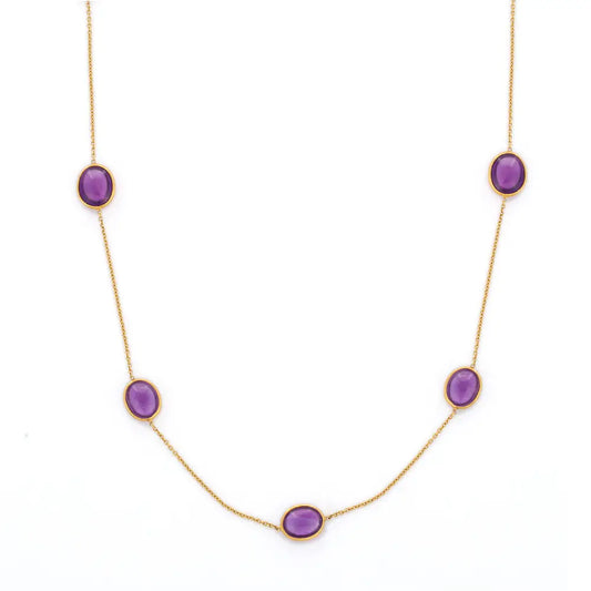 Custom Jewelry Natural Amethyst 18K Solid Yellow Gold Long Chain Gemstone Necklace