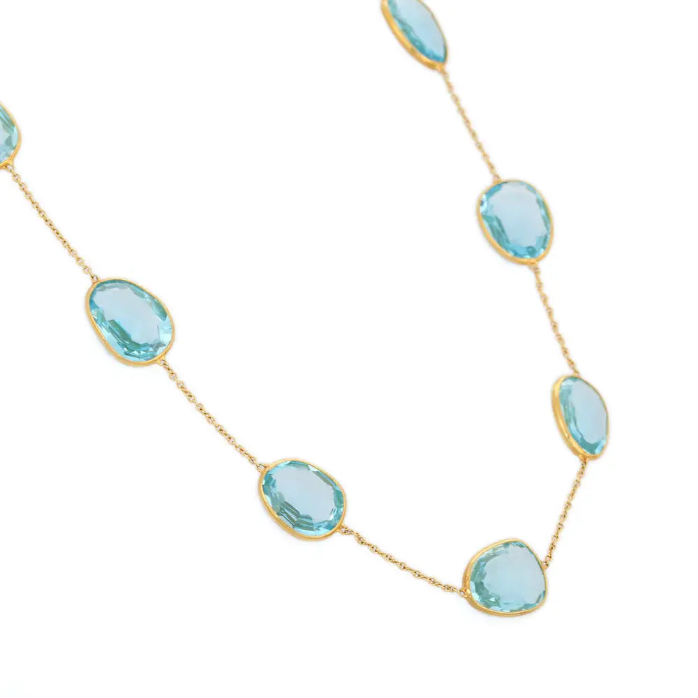 Handmade Jewelry 18K Solid Yellow Gold Natural Blue Topaz Long Chain Necklace