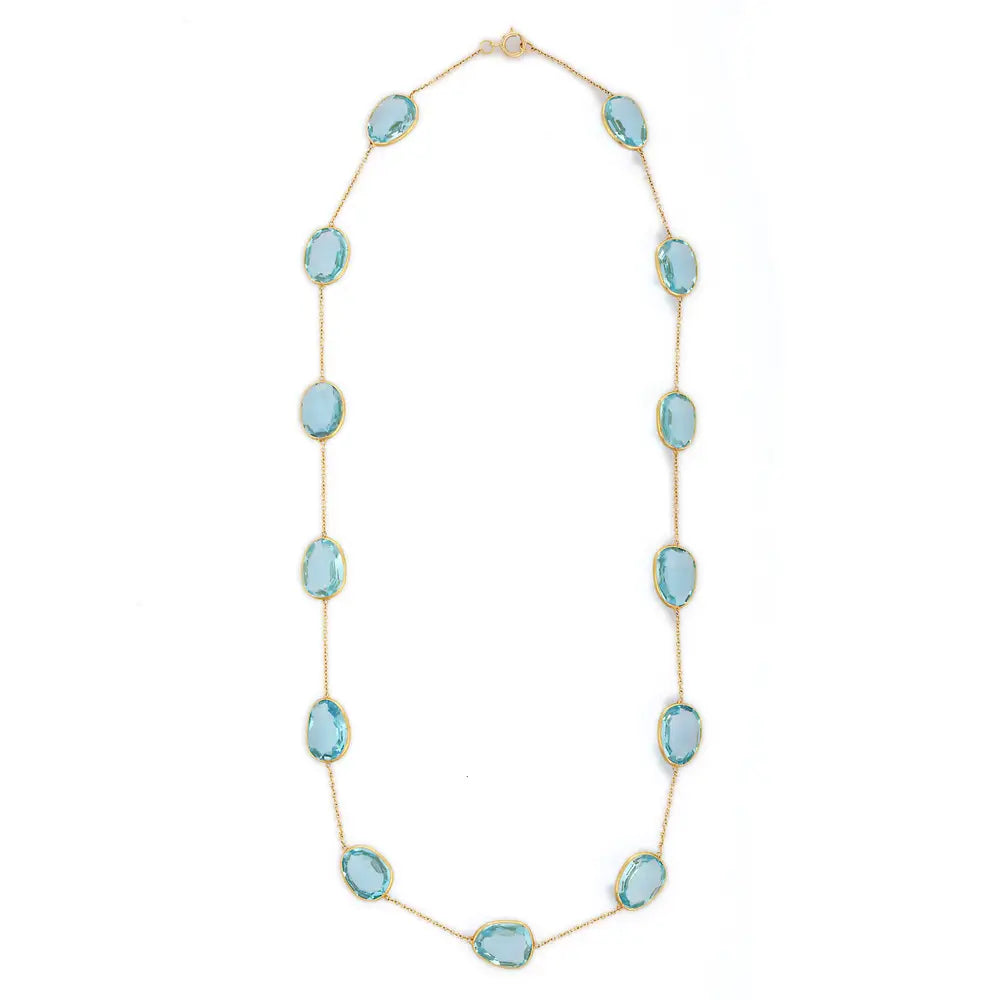 Handmade Jewelry 18K Solid Yellow Gold Natural Blue Topaz Long Chain Necklace