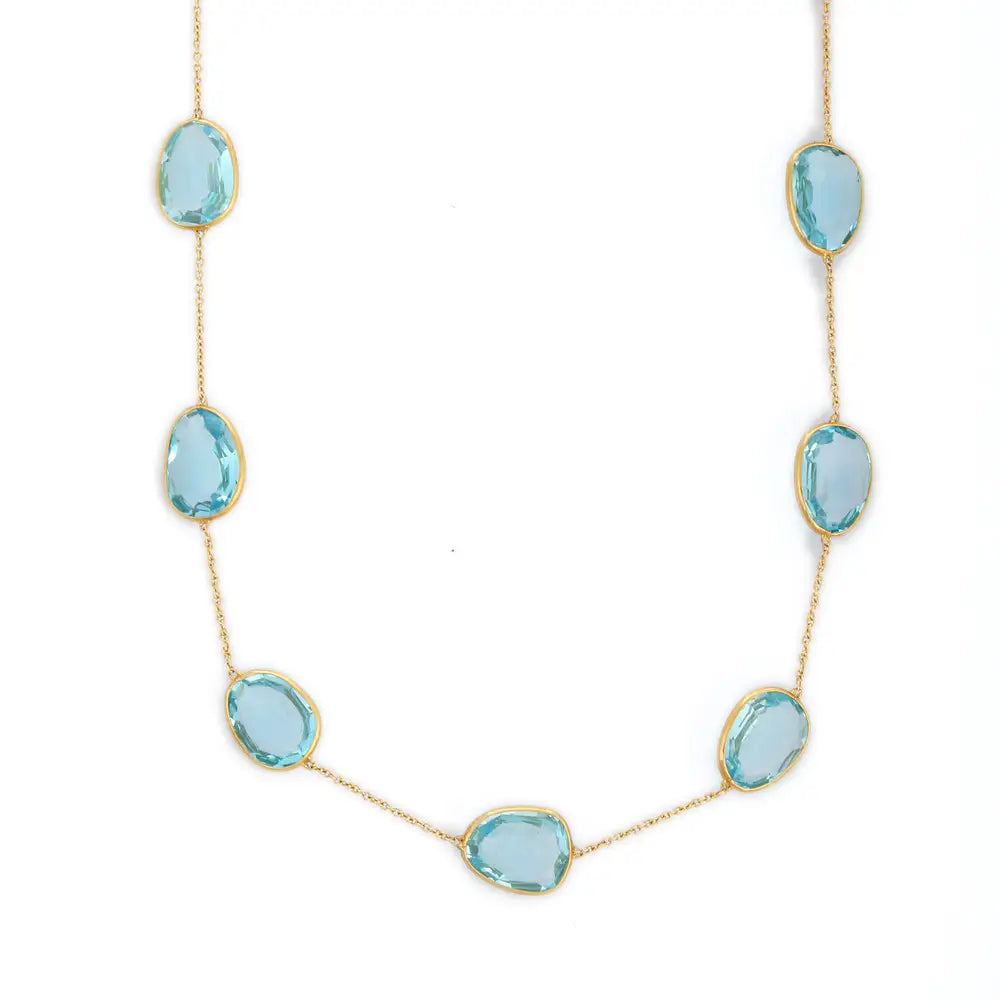 Handmade Jewelry 18K Solid Yellow Gold Natural Blue Topaz Long Chain Necklace