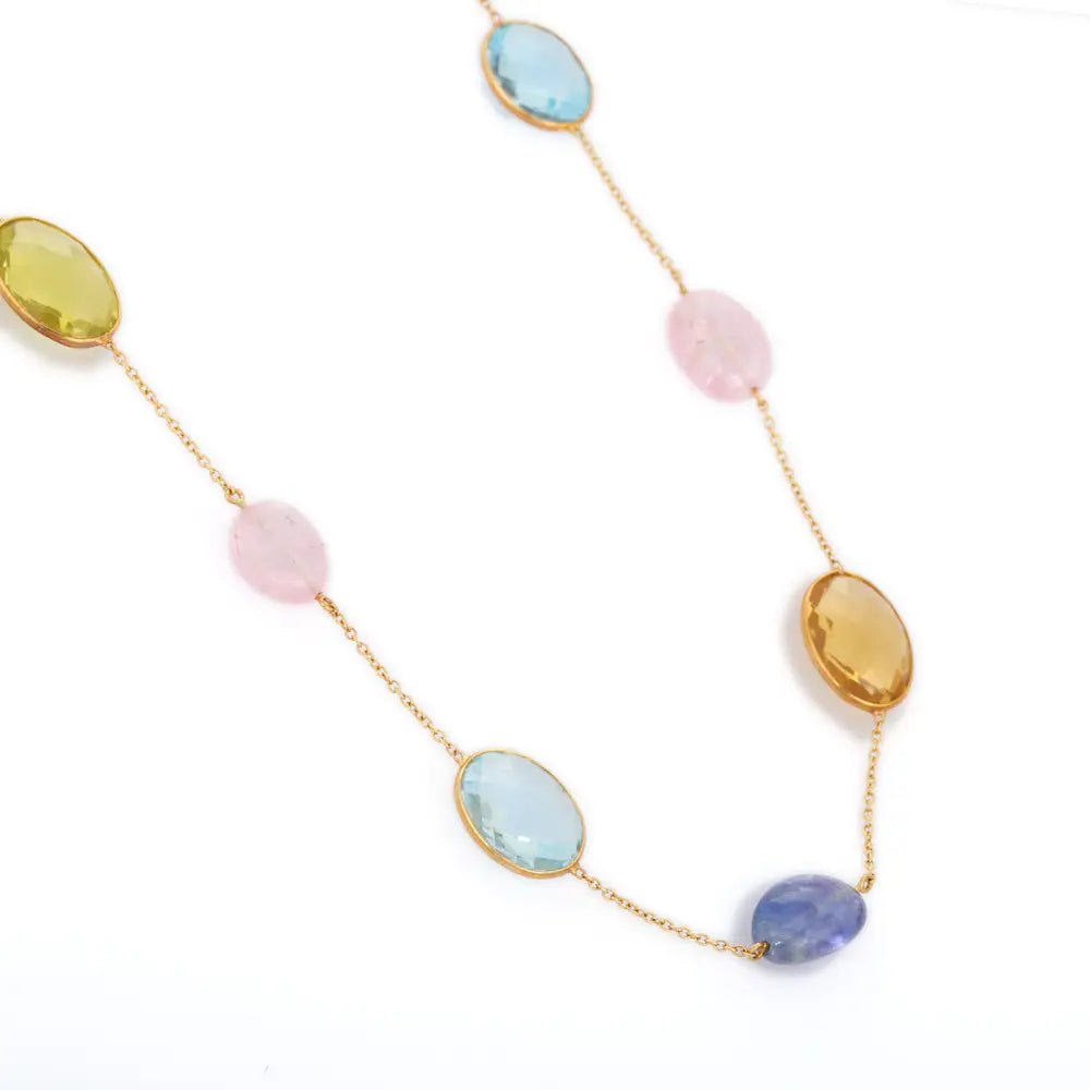 Custom Jewelry Natural Multi Stones 18K Solid Yellow Gold Long Chain Necklace