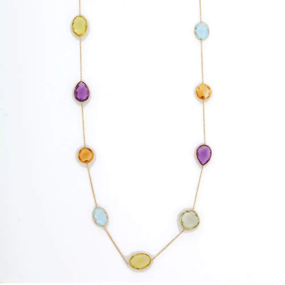 Trending Jewelry Semi Precious Gemstone Natural Multi Stone 18K Yellow Gold Rainbow Necklace