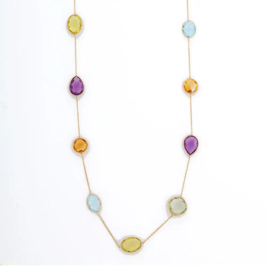 Trending Jewelry Semi Precious Gemstone Natural Multi Stone 18K Yellow Gold Rainbow Necklace