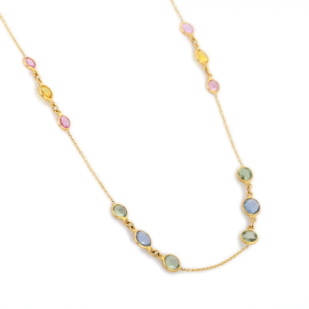 Fine Jewelry Designer 18K Solid Yellow Gold Natural Precious Multi Sapphire Long Chain Necklace For Women