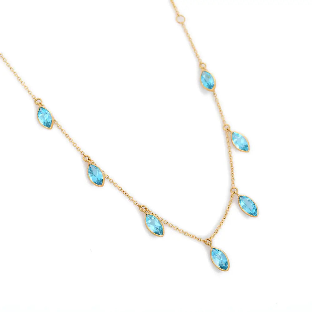 Handmade Jewelry Natural Blue Topaz 18K Fine Yellow Gold Charm Necklace