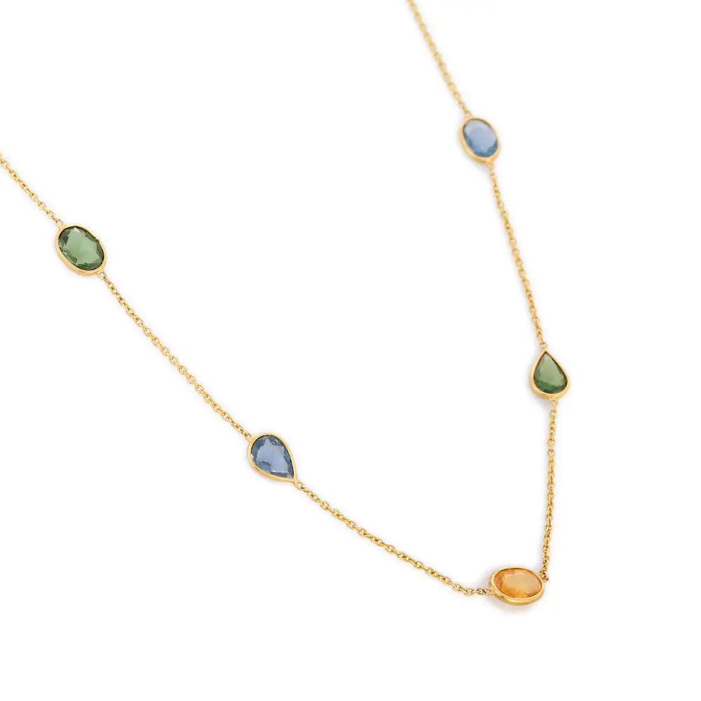 Handcrafted Natural Multi Sapphire Stone 18K Solid Yellow Gold Long Chain Necklace