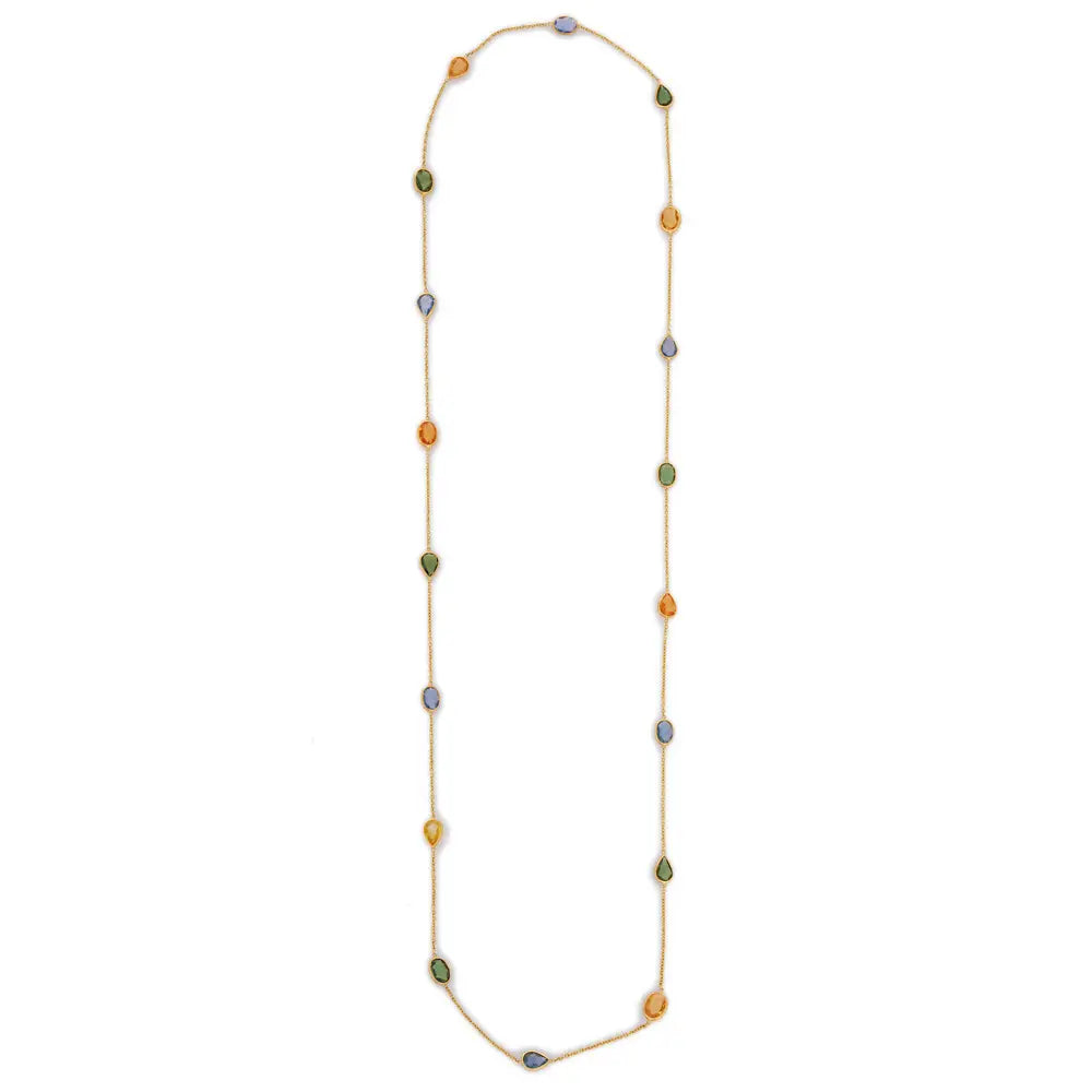 Handcrafted Natural Multi Sapphire Stone 18K Solid Yellow Gold Long Chain Necklace