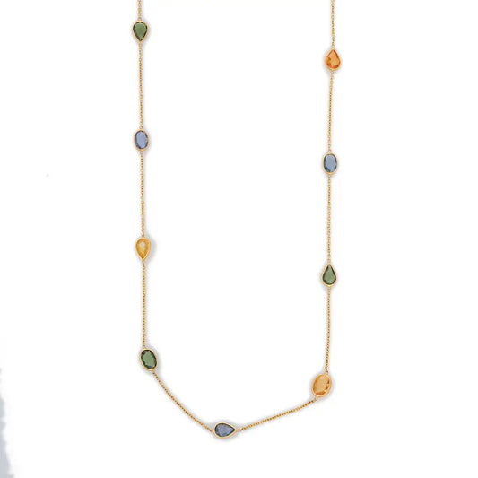 Handcrafted Natural Multi Sapphire Stone 18K Solid Yellow Gold Long Chain Necklace