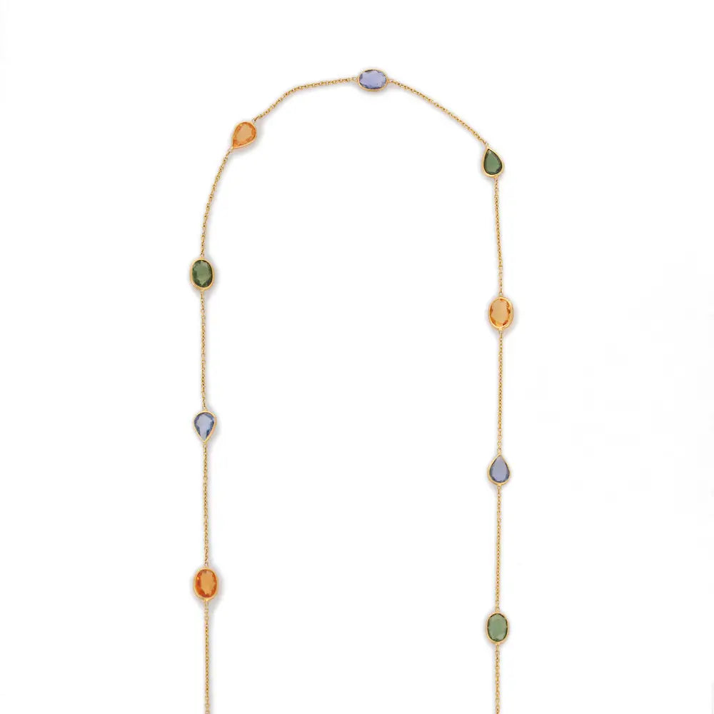 Handcrafted Natural Multi Sapphire Stone 18K Solid Yellow Gold Long Chain Necklace