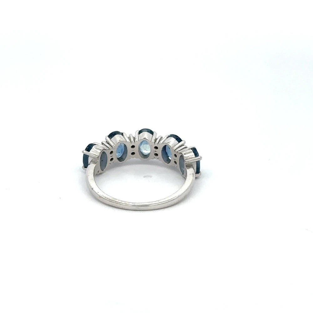 Handmade Jewelry 14K Solid White Gold Natural Blue Sapphire & Diamond Half Eternity Band Ring