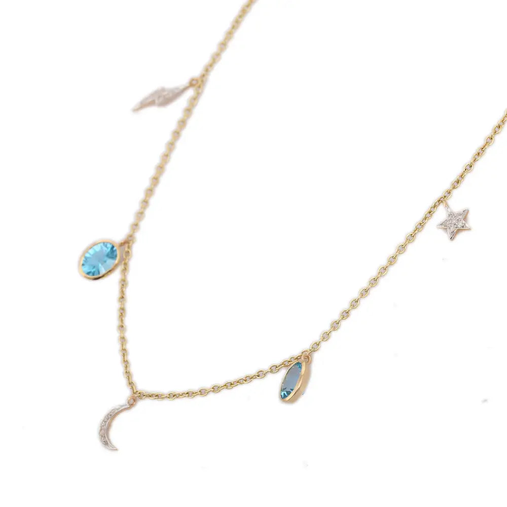 Fashionable Natural Blue Topaz and Diamond 18K Solid Yellow Gold Gemstone Charm Necklace