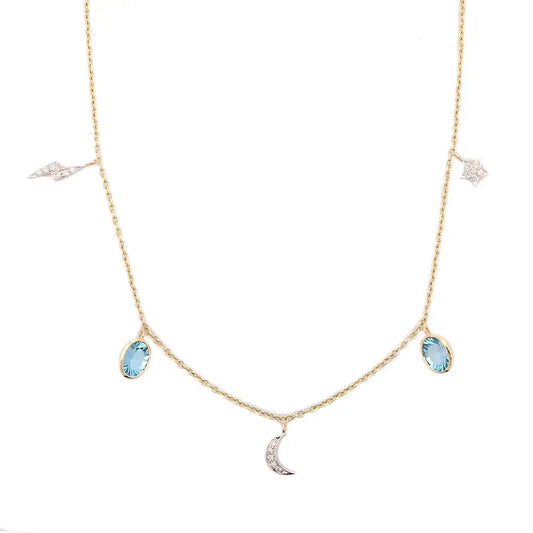 Fashionable Natural Blue Topaz and Diamond 18K Solid Yellow Gold Gemstone Charm Necklace