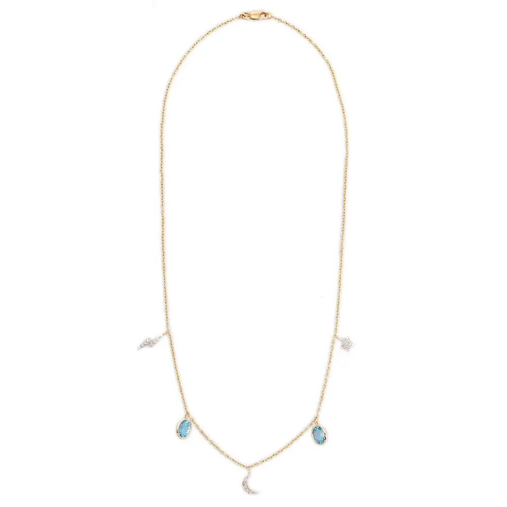 Fashionable Natural Blue Topaz and Diamond 18K Solid Yellow Gold Gemstone Charm Necklace