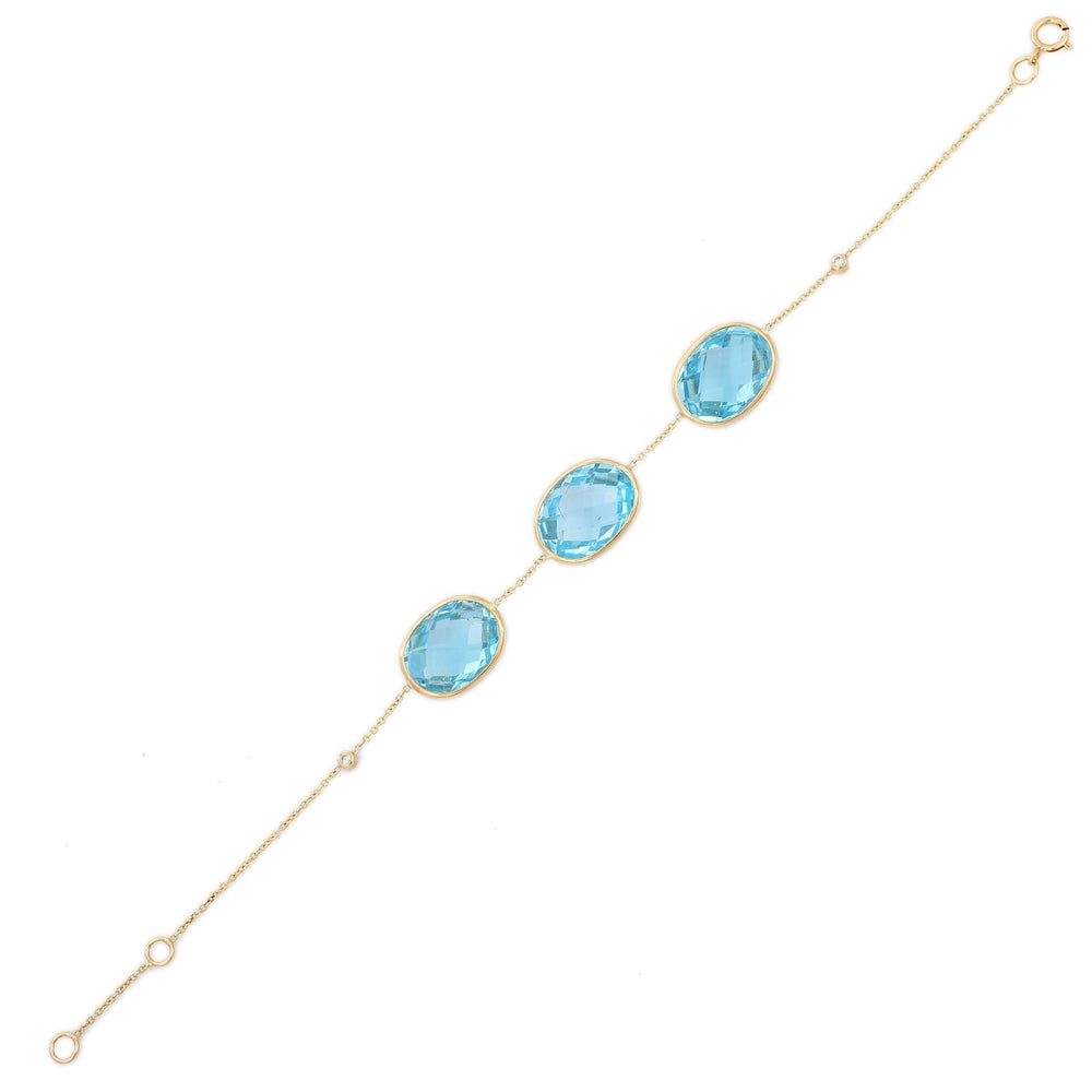 Customization Natural Oval Blue Topaz 18K Solid Yellow Gold Adjustable Bracelet