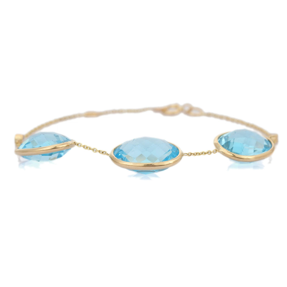 Customization Natural Oval Blue Topaz 18K Solid Yellow Gold Adjustable Bracelet