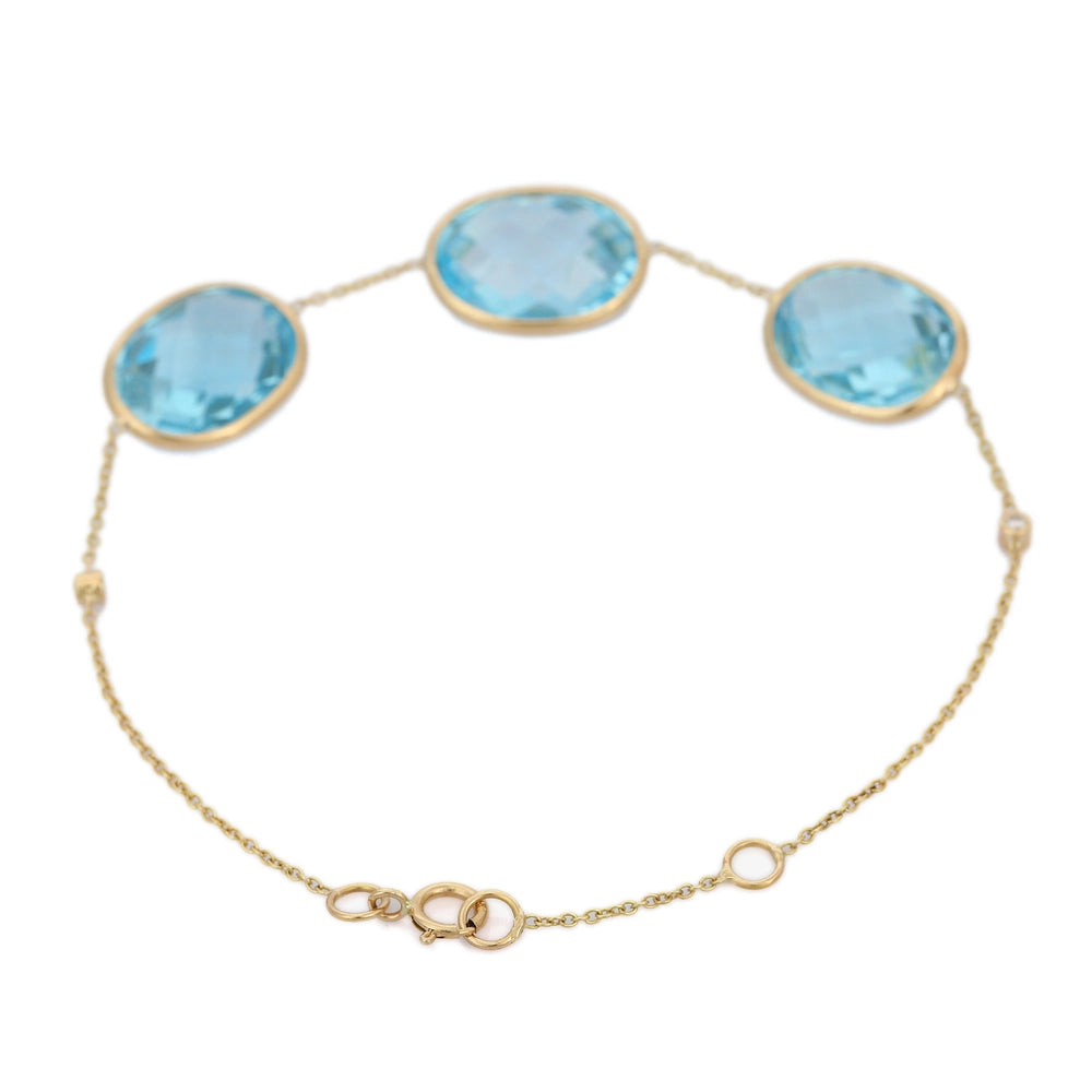 Customization Natural Oval Blue Topaz 18K Solid Yellow Gold Adjustable Bracelet