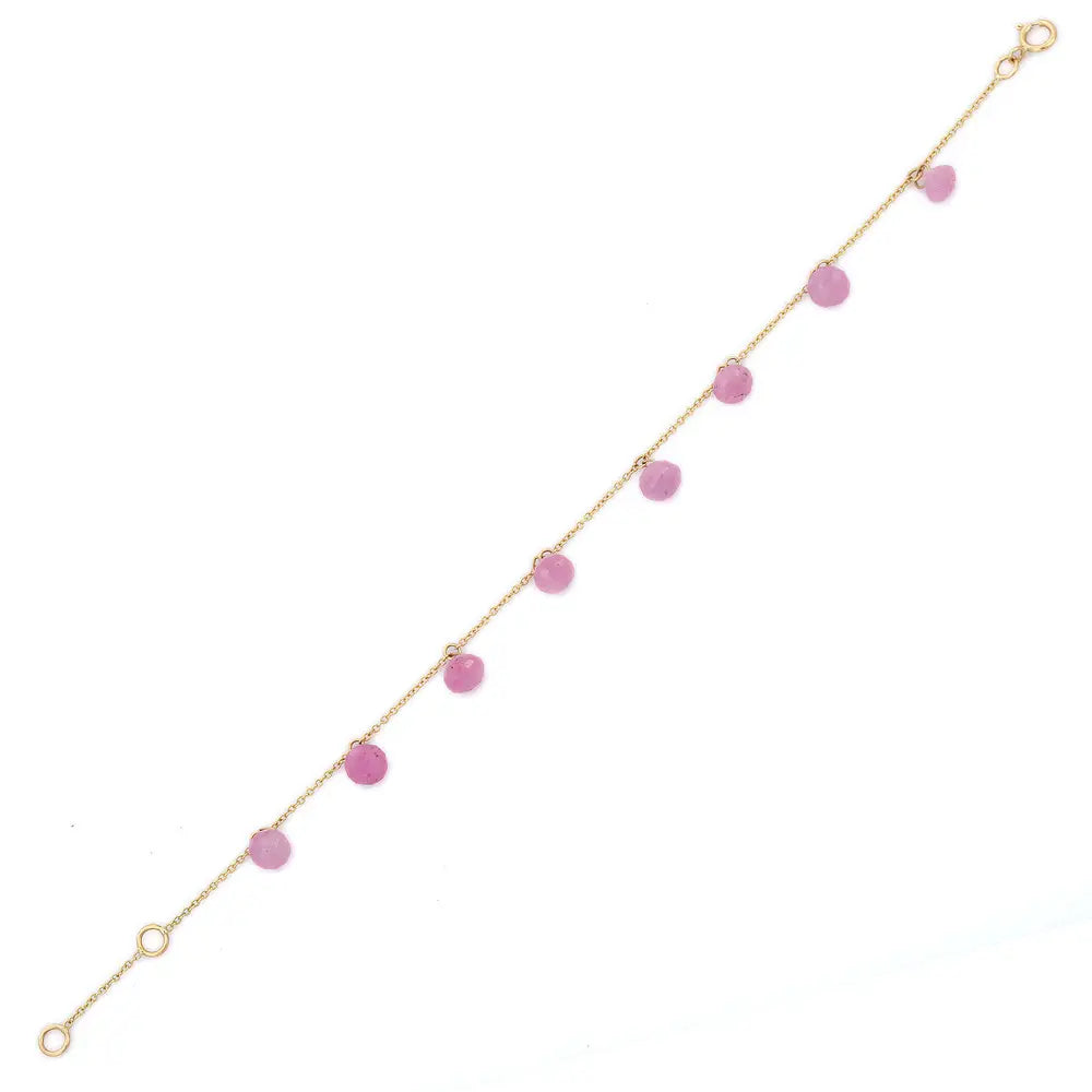 Natural Drop Pink Sapphire 18K Solid Yellow Gold Long Chain Adjustable Bracelet