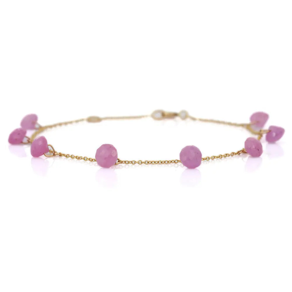 Natural Drop Pink Sapphire 18K Solid Yellow Gold Long Chain Adjustable Bracelet