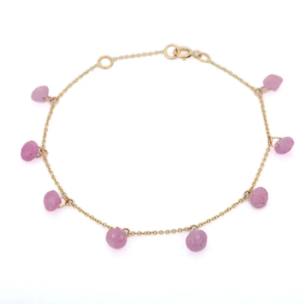 Natural Drop Pink Sapphire 18K Solid Yellow Gold Long Chain Adjustable Bracelet