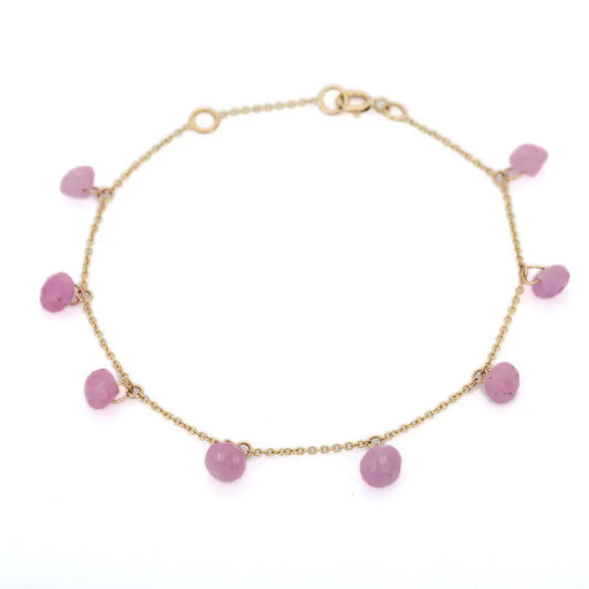 Natural Drop Pink Sapphire 18K Solid Yellow Gold Long Chain Adjustable Bracelet