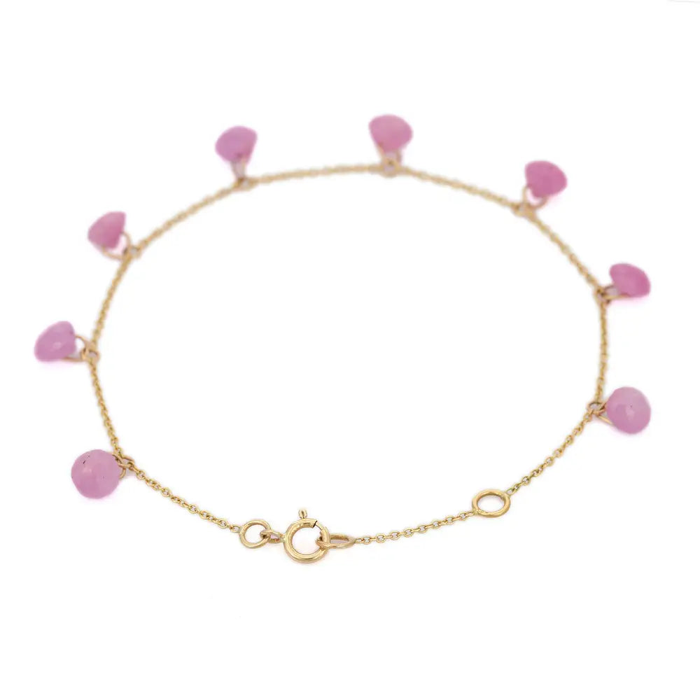 Natural Drop Pink Sapphire 18K Solid Yellow Gold Long Chain Adjustable Bracelet