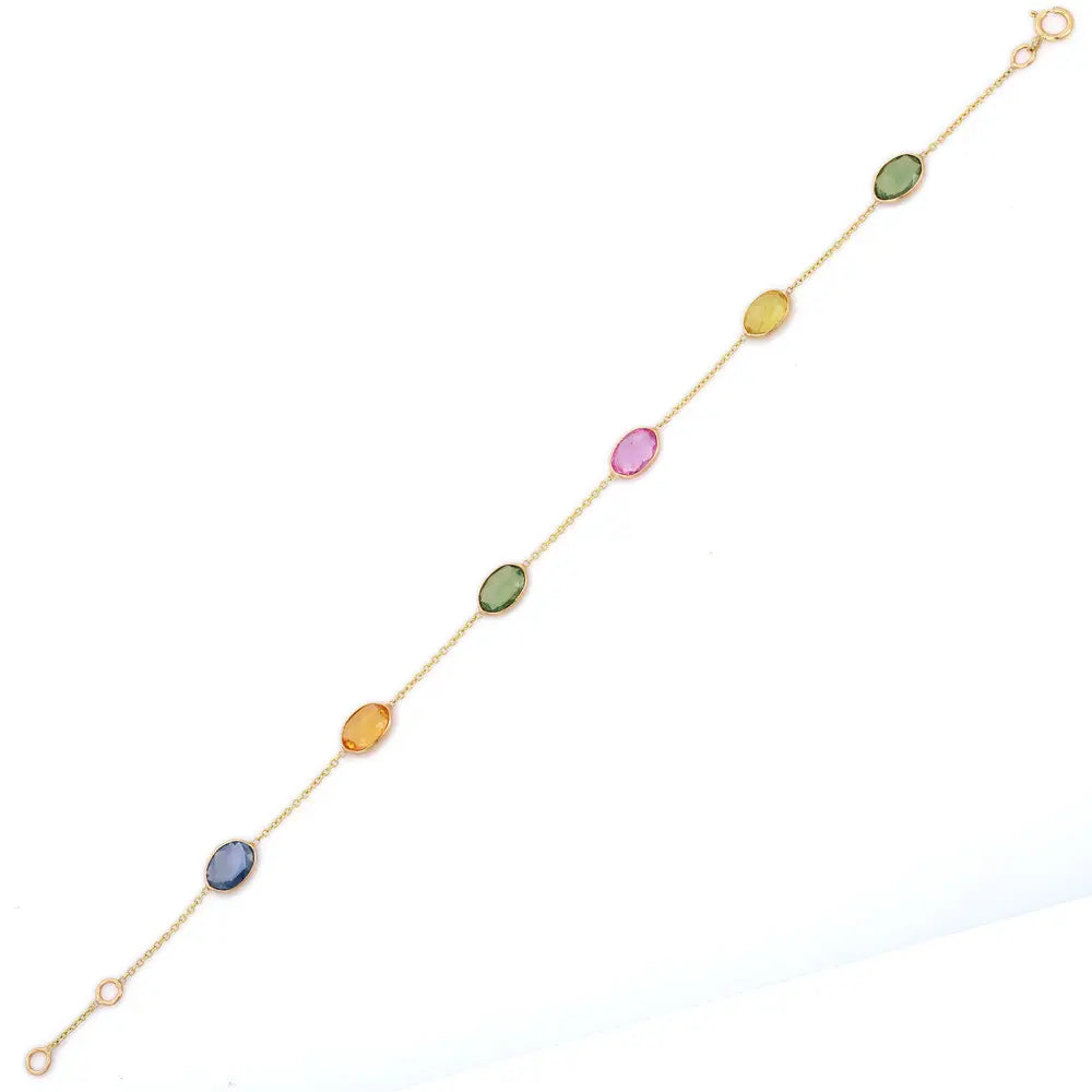 Handmade Jewelry Natural Multi Sapphire 18K Solid Yellow Gold Adjustable Bracelet