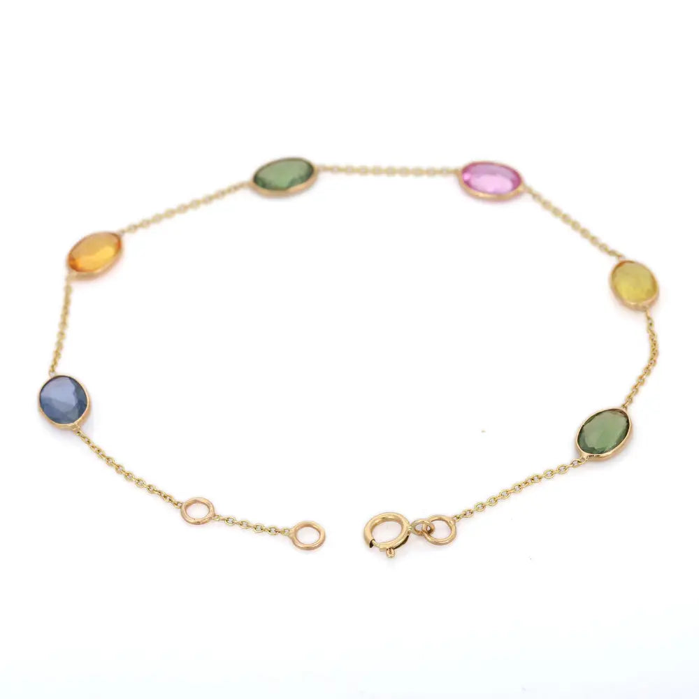 Handmade Jewelry Natural Multi Sapphire 18K Solid Yellow Gold Adjustable Bracelet