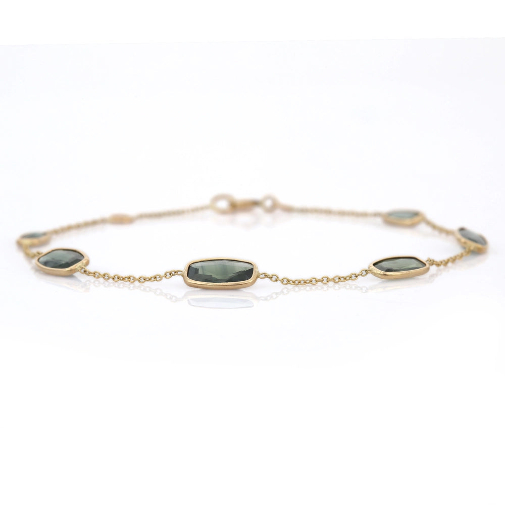 Natural Cushion Green Sapphire Gemstone 18K Solid Yellow Gold Adjustable Bracelet