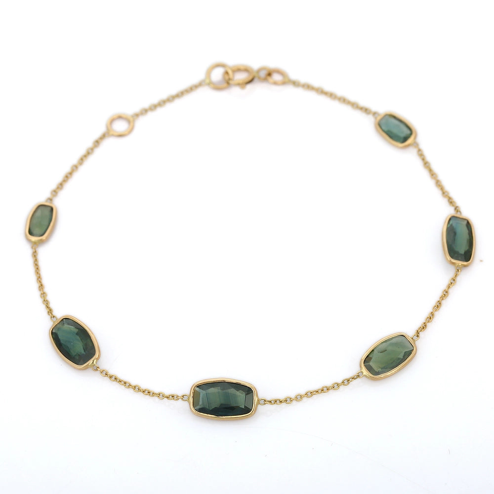 Natural Cushion Green Sapphire Gemstone 18K Solid Yellow Gold Adjustable Bracelet