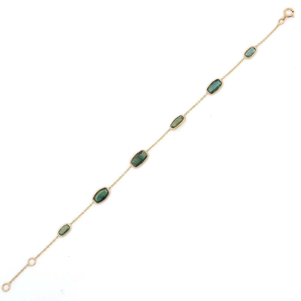 Natural Cushion Green Sapphire Gemstone 18K Solid Yellow Gold Adjustable Bracelet