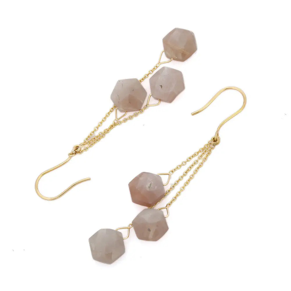 Handcrafted Jewelry Natural Moonstone 18K Fine Yellow Gold Shoulder Duster Earring