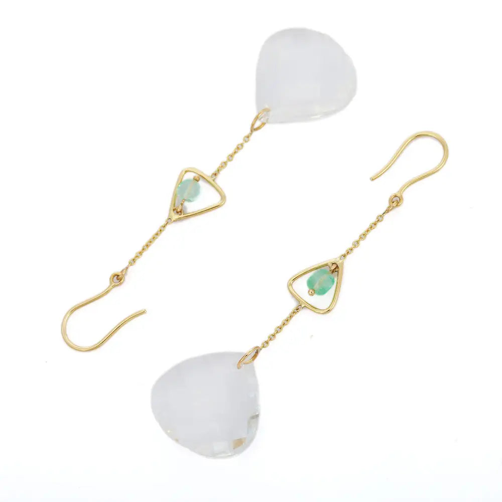 Natural Emerald & Crystal Gemstone 18K Solid Yellow Gold Dangle Earring