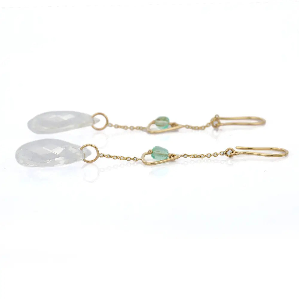 Natural Emerald & Crystal Gemstone 18K Solid Yellow Gold Dangle Earring