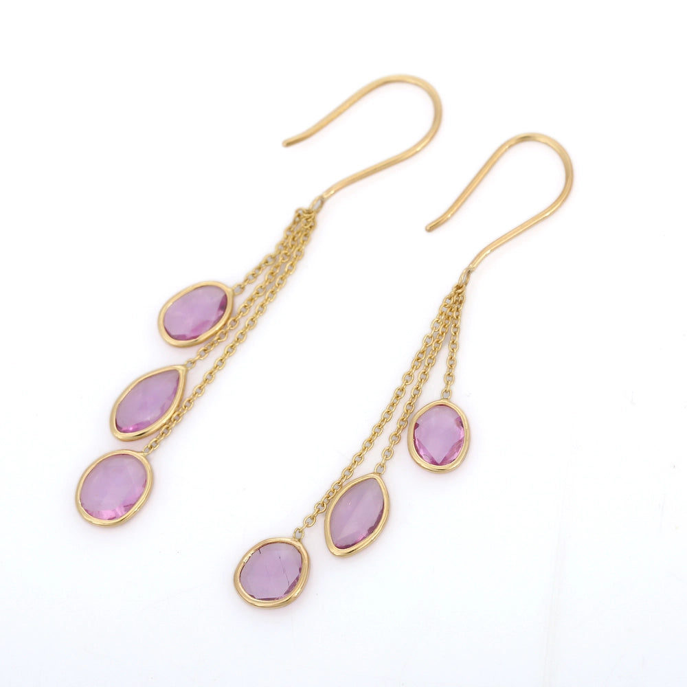 Simple & Elegant 18K Solid Yellow Gold Natural Pink Sapphire Dangle Earrings