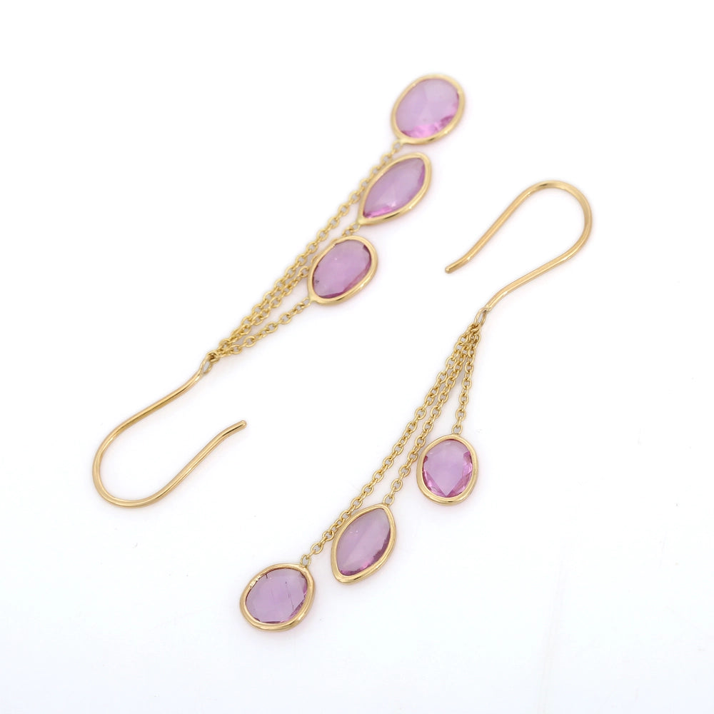 Simple & Elegant 18K Solid Yellow Gold Natural Pink Sapphire Dangle Earrings