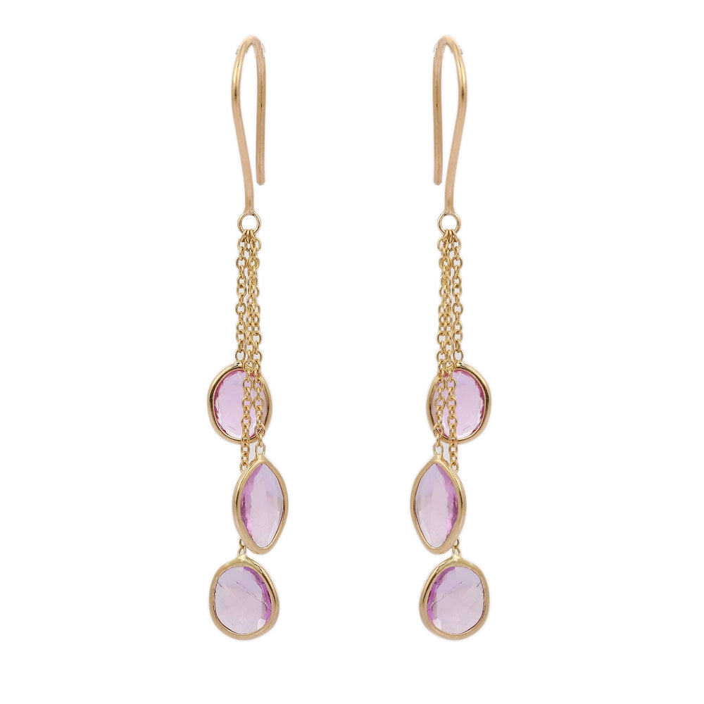 Simple & Elegant 18K Solid Yellow Gold Natural Pink Sapphire Dangle Earrings