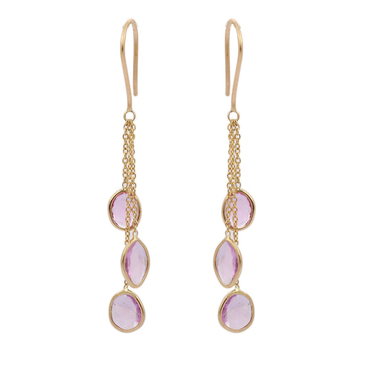 Simple & Elegant 18K Solid Yellow Gold Natural Pink Sapphire Dangle Earrings