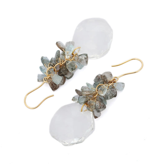 Trending Jewelry Natural Aquamarine & Crystal 18K Solid Yellow Hippie Dangle Gold Earrings